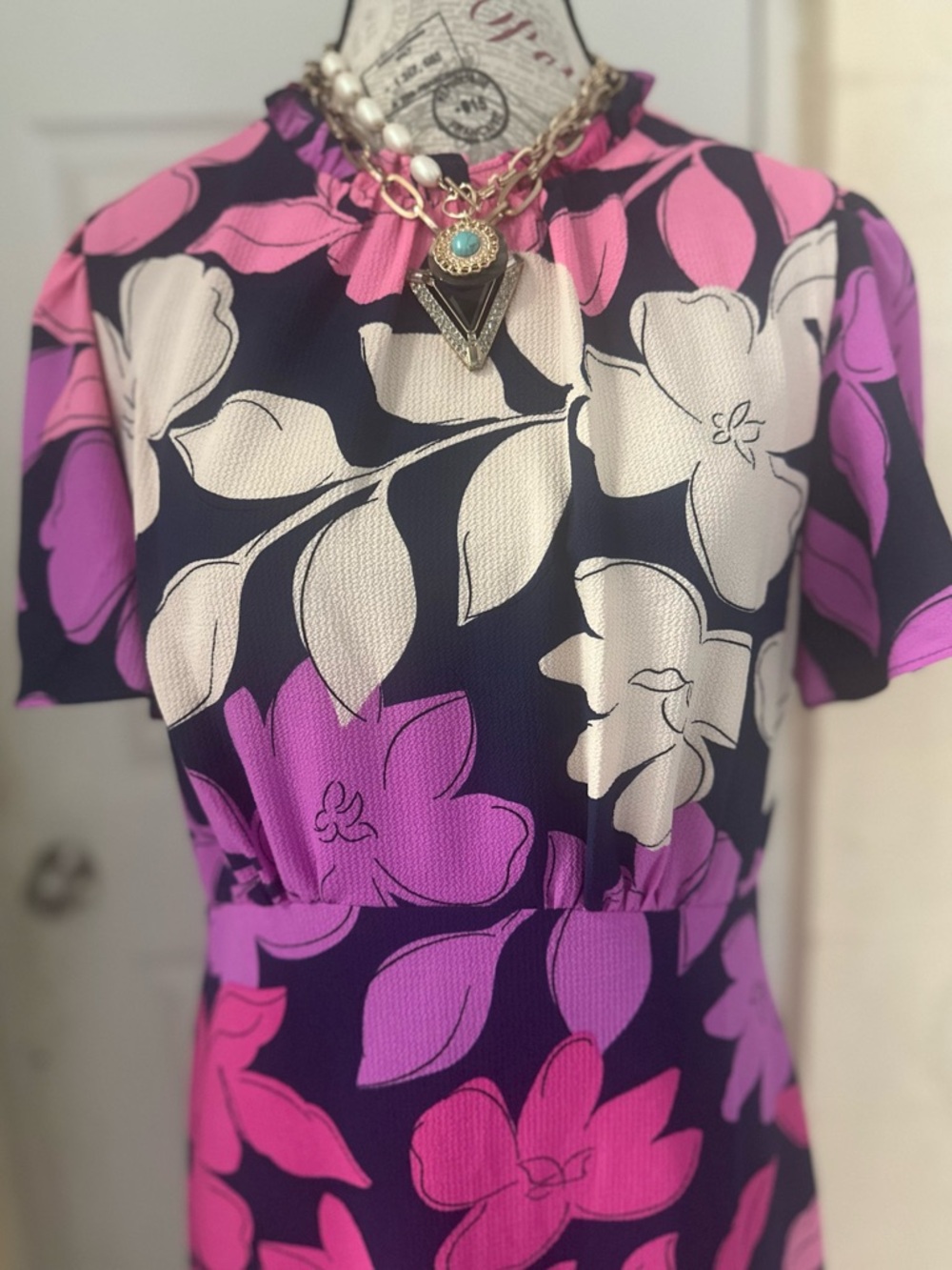 Maggy London Navy Maxi Dress with Pink & Purple Floral Print - Picture 2 of 8